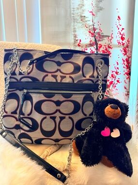 Coach Signature Canvas Shoulder Bag in Black and Tan with Chain Straps